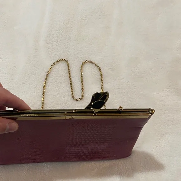 Vintage ETRA Elegant Leather Hand Bag Purse Clutch Bordeaux Goldtone Chain ✨ - Picture 5 of 11